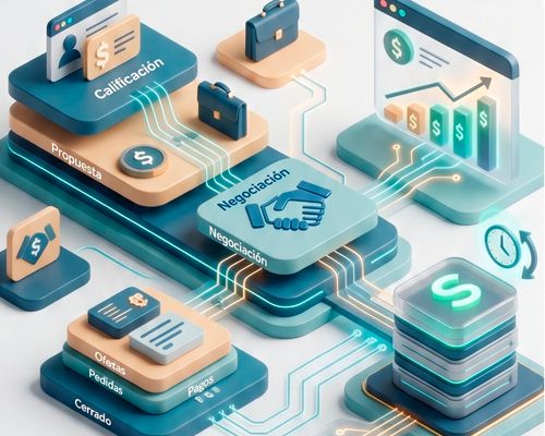Embudo visual con fases a medida, pronóstico de ingresos y todas las ofertas, pedidos y cobros conectados con Sage 200 en tiempo real.
