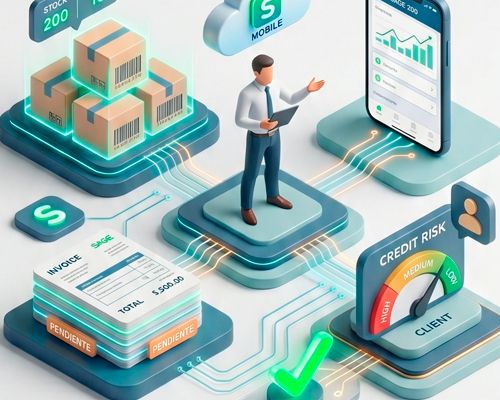 Sage 200 en el bolsillo de tu comercial. Stock en tiempo real, facturas pendientes y riesgo del cliente antes de cerrar cualquier venta. App iOS y Android, funciona sin conexión.