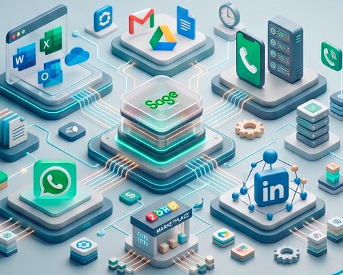 Microsoft 365, Google Workspace, WhatsApp Business, centralitas IP, LinkedIn, Zapier y más de 1.000 extensiones del Marketplace de Zoho.