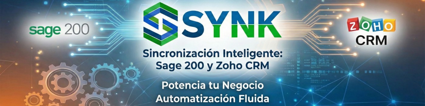 Sincronización total: Zoho CRM + Sage 200". Explica brevemente que con vuestra tecnología propia los datos fluyen solos.