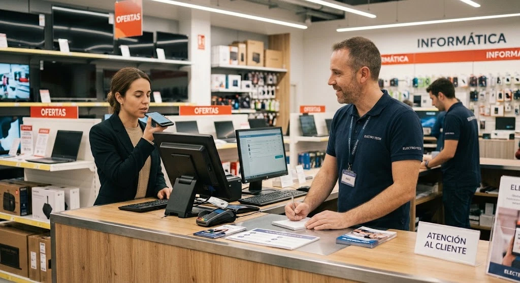 En el mostrador de una tienda, una clienta le dicta su pedido al teléfono mientras el dependiente la atiende