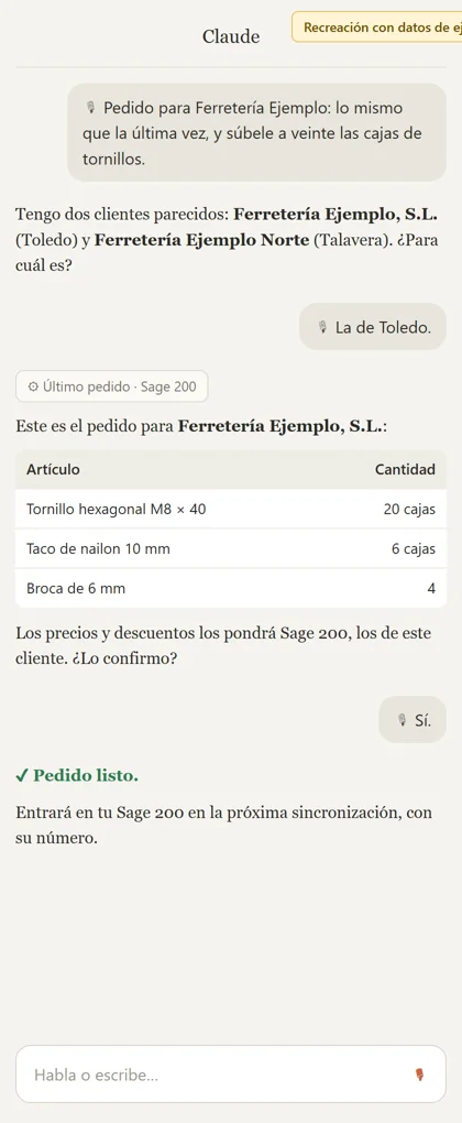 Recreación de un pedido por voz en el móvil con datos de ejemplo