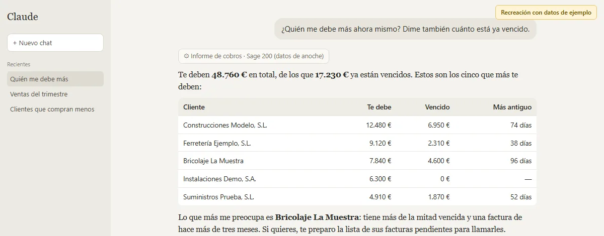 Claude contestando quién debe más, con una tabla de clientes de ejemplo