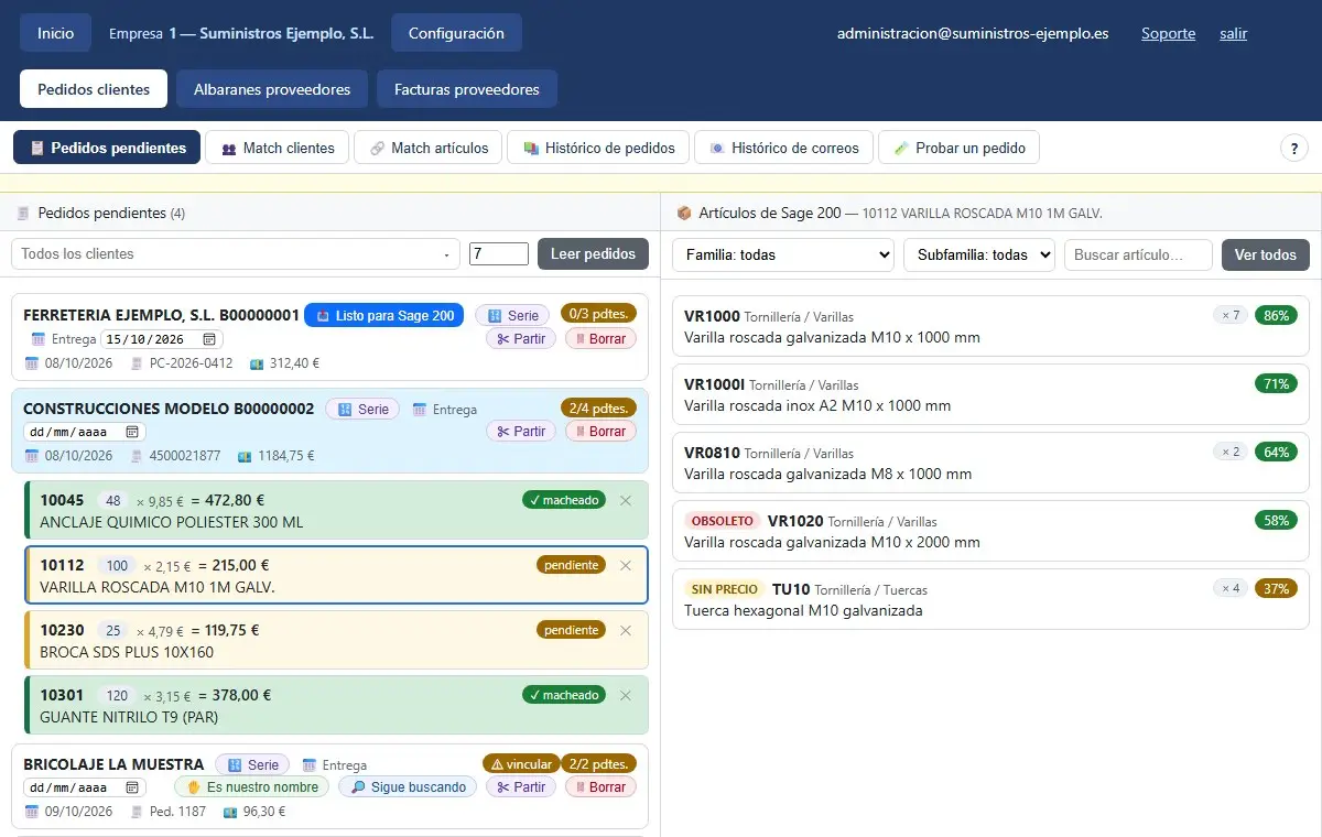 Línea de pedido pendiente seleccionada y, a la derecha, los artículos de Sage 200 candidatos con su porcentaje de parecido