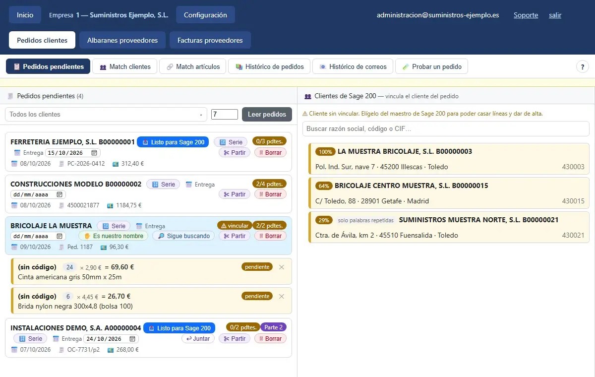 Pedido con la marca vincular y, a la derecha, los clientes de Sage 200 más parecidos, el primero con el 100 %