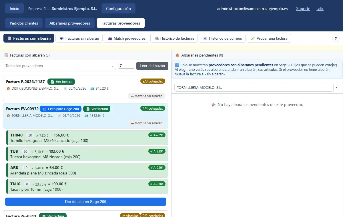 Factura con las cuatro líneas cotejadas y el botón Dar de alta en Sage 200