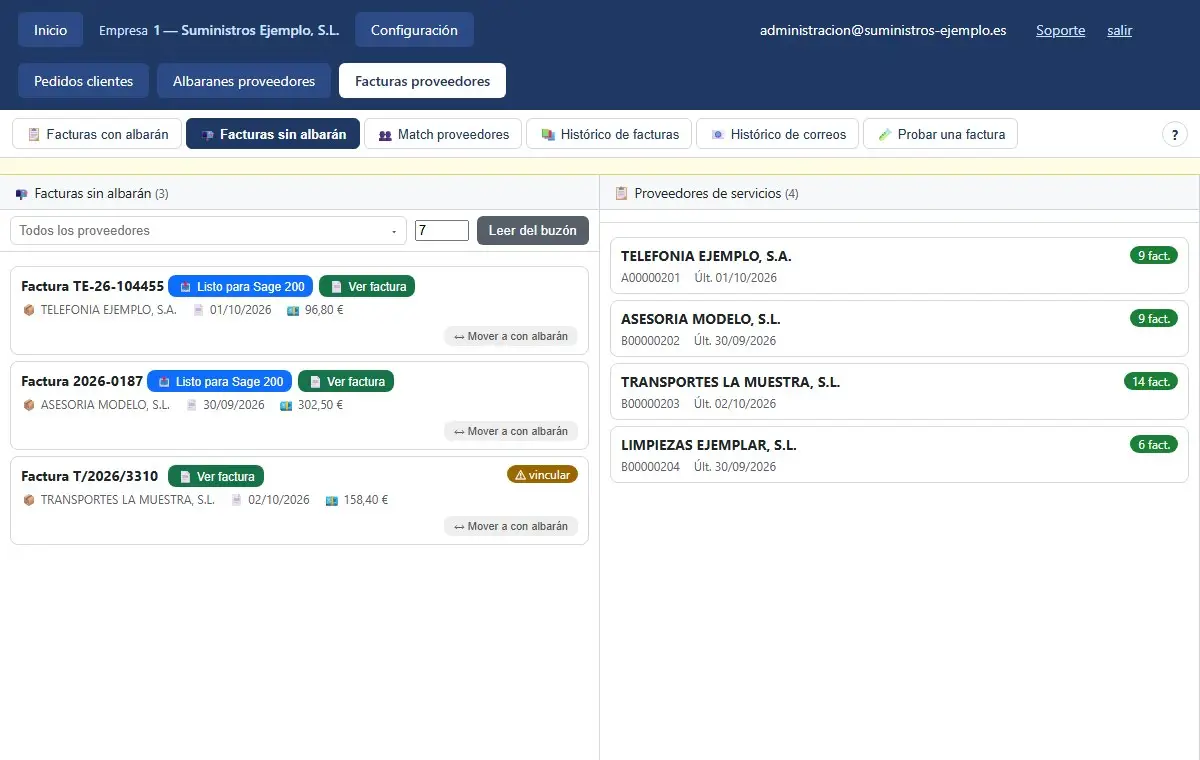 Facturas sin albarán de proveedores de servicios y, a la derecha, la lista de proveedores de servicios