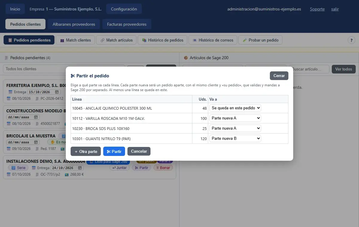 Ventana Partir el pedido con cuatro líneas repartidas entre este pedido y las partes nuevas A y B