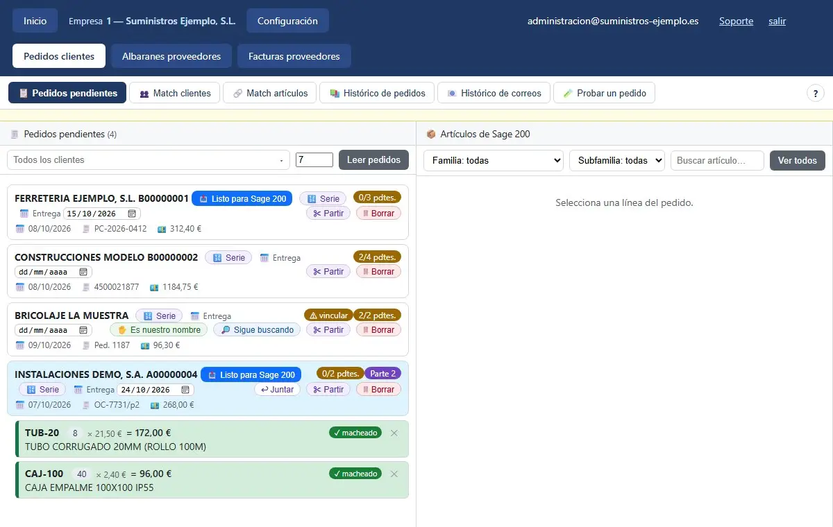 Pedidos pendientes de Docs con pedidos de clientes de ejemplo, uno listo para Sage 200 y sus líneas casadas