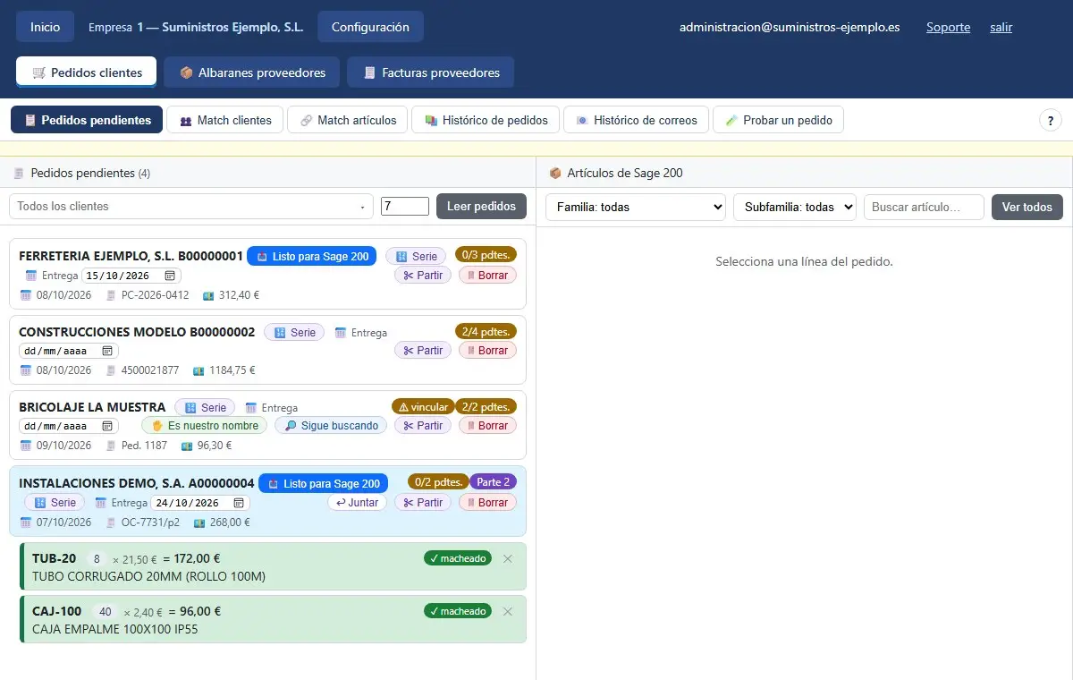 Pedidos pendientes de Docs con pedidos de clientes de ejemplo, uno listo para Sage 200 y sus líneas casadas