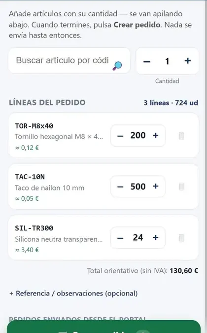 Pestaña Pedido del Portal en el móvil, con tres líneas de artículos de ejemplo y el botón Crear pedido