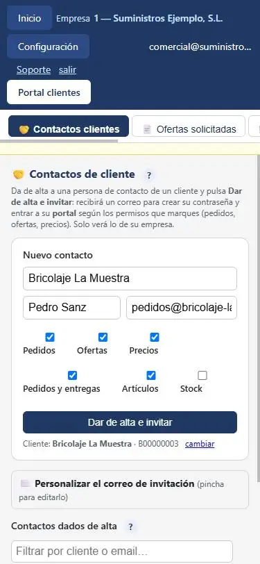Pestaña Contactos clientes en el móvil, dando de alta a una persona de un cliente de ejemplo con sus permisos marcados