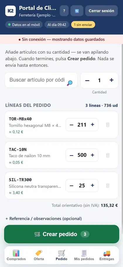 El Portal en el móvil sin conexión, con el aviso 1 sin enviar