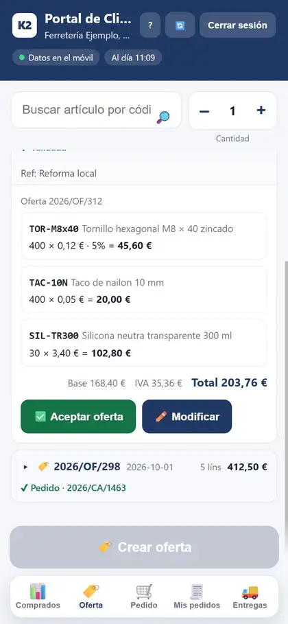 Pestaña Oferta del Portal en el móvil, con una oferta recibida y los botones Aceptar oferta y Modificar