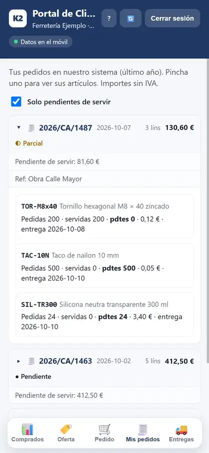 Pestaña Mis pedidos del Portal en el móvil, con un pedido servido a medias desplegado