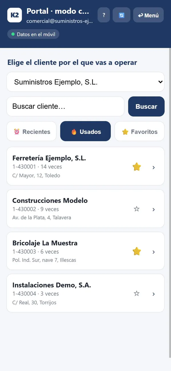 Lista de clientes de ejemplo con Recientes, Usados y Favoritos