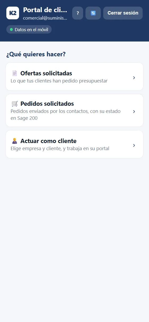 Menú del comercial con Ofertas solicitadas, Pedidos solicitados y Actuar como cliente