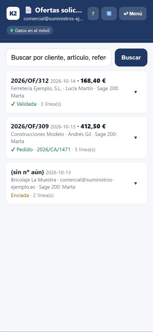 Ofertas solicitadas por clientes de ejemplo con su estado en Sage 200