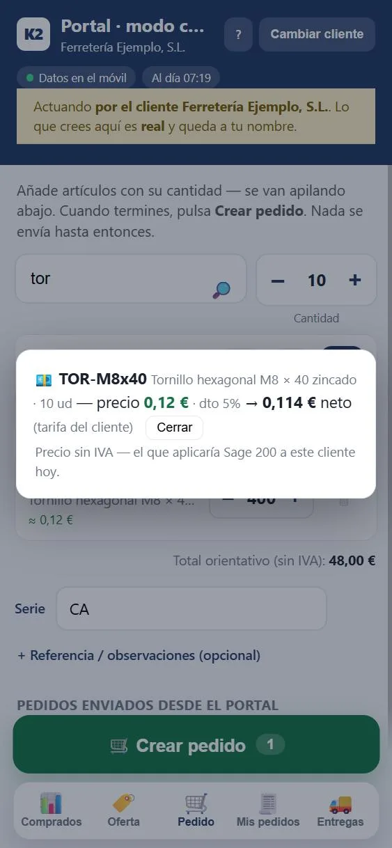 Precio al momento de un artículo para un cliente de ejemplo, con su descuento