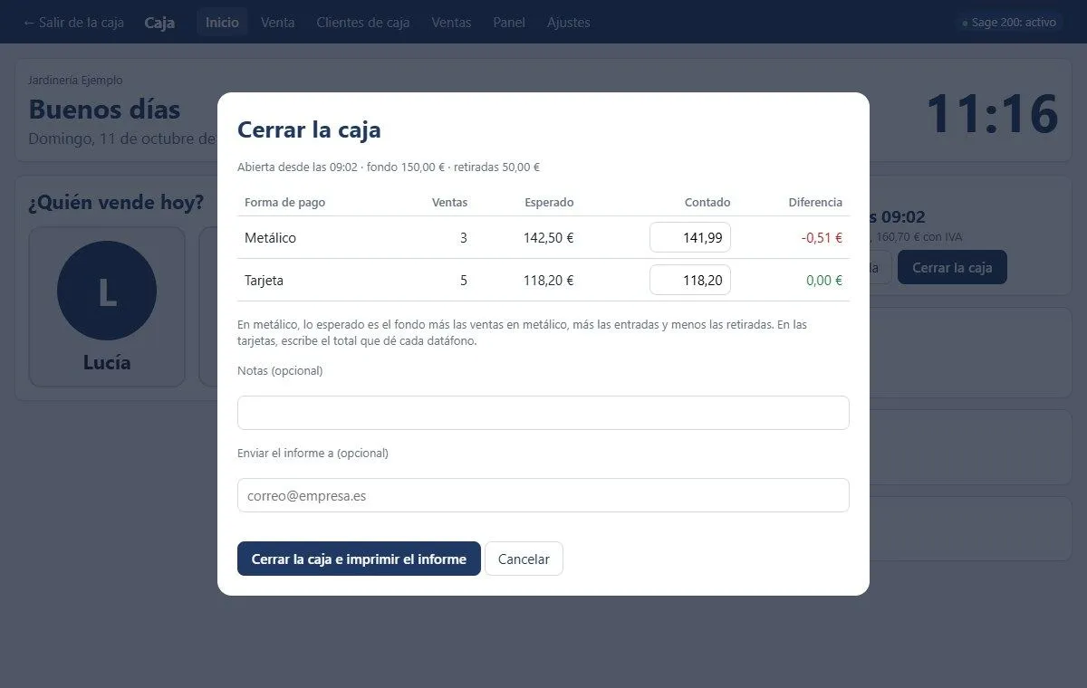 Cierre de caja con lo esperado, lo contado y la diferencia por forma de pago