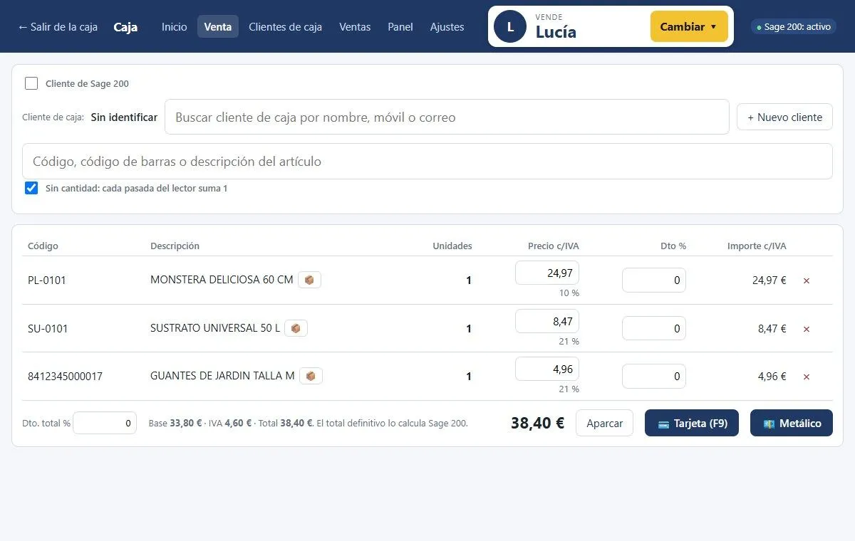 Venta lista para cobrar con los botones Tarjeta y Metálico