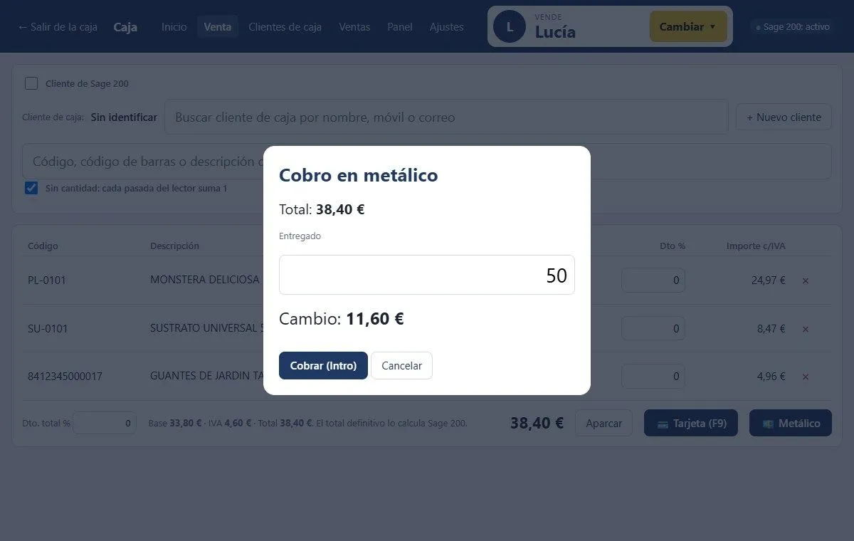 Cobro en metálico con el importe entregado y el cambio