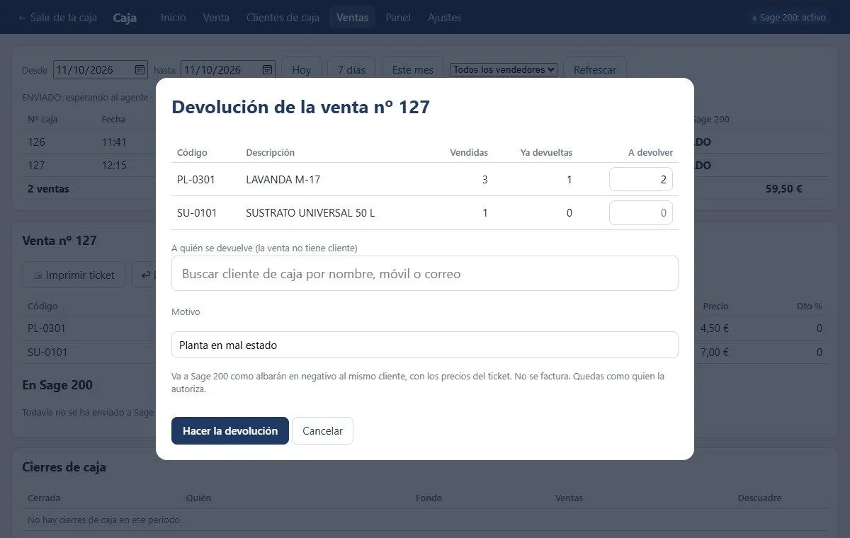Ventana de devolución de una venta con las unidades a devolver y el motivo