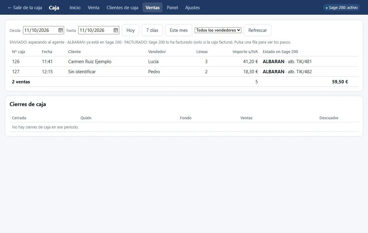 Lista de ventas del día con su albarán en Sage 200