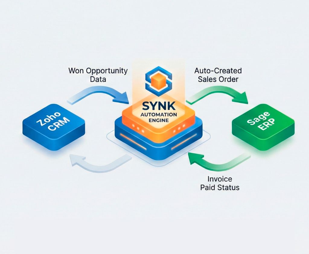 Plataforma SYNK para la Sincronización Zoho Sage Representación visual del conector SYNK centralizando la sincronización Zoho Sage para integrar los datos del CRM y el ERP en una única plataforma.