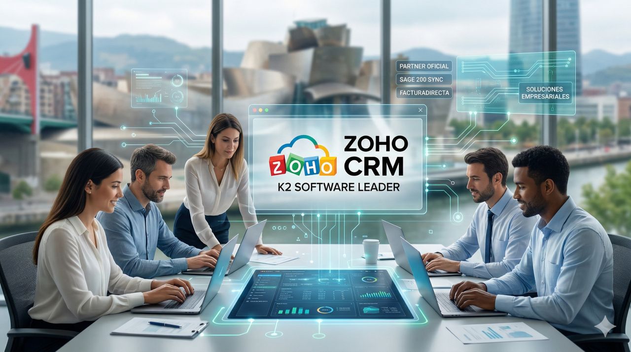 Equipo de consultores de K2 Software trabajando colaborativamente en una oficina de Bilbao, con una interfaz holográfica que muestra el logotipo de Zoho CRM y la sincronización con Sage 200
