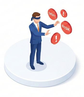 Problemas empresariales: Un hombre de negocios con los ojos vendados ante riesgos financieros