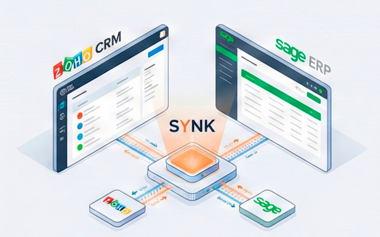 Descubre la sincronización Zoho Sage con SYNK Esquema visual de la sincronización Zoho Sage bidireccional, mostrando cómo el conector SYNK automatiza los datos entre Zoho CRM y Sage ERP.