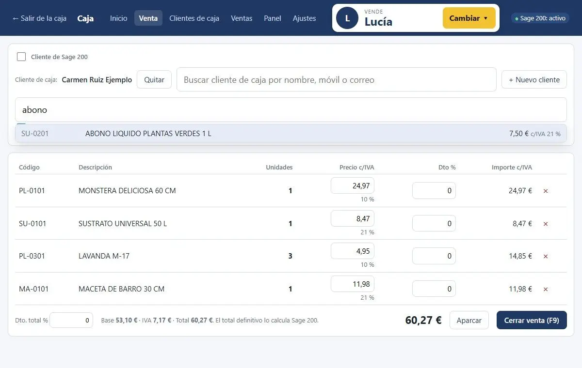 Venta en la caja con el buscador de artículos abierto